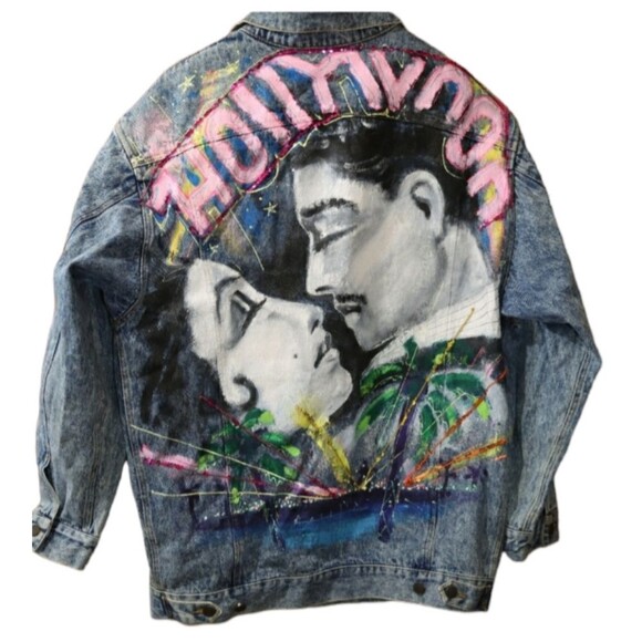 Vintage 80s Sport Deco Hand Painted Hollywood Denim Jacket Sequins Medium - Picture 1 of 16